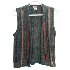 62 East Vintage Knit Vest M Multicolor Stripes Tassels Button Front